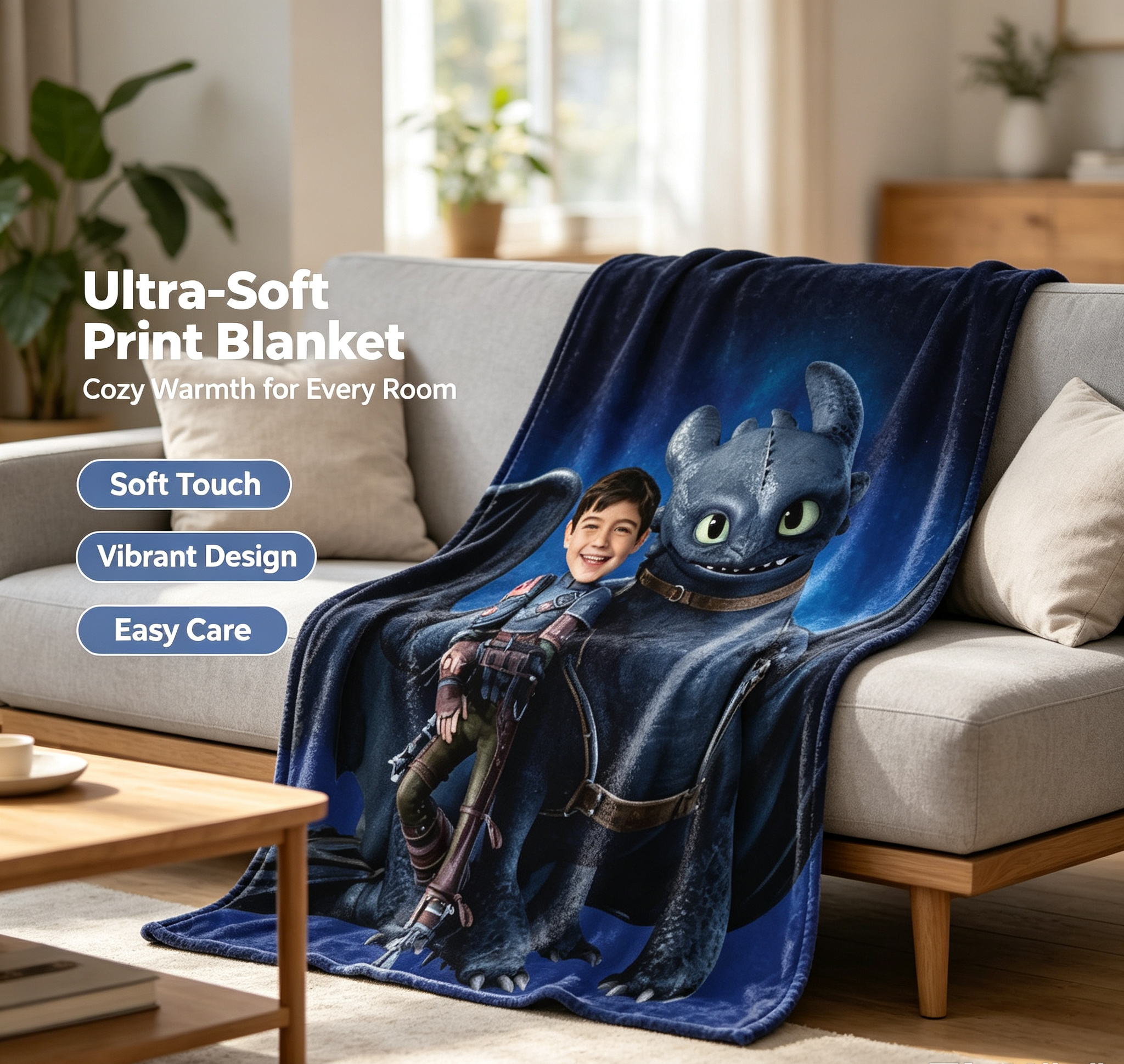 How to Train Your Dragon Toothless Personalized Photo Blanket, Custom Picture Fleece Blanket for Kids Birthday Gift