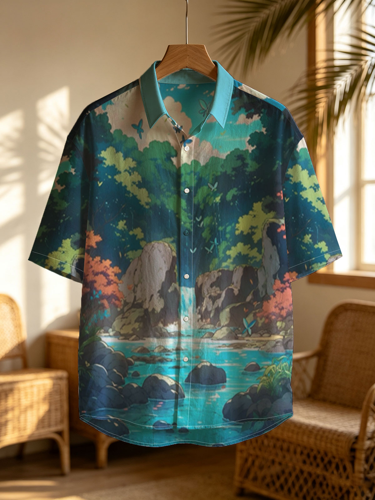 Serene Forest Stream with Waterfall and Butterflies -  Shirt