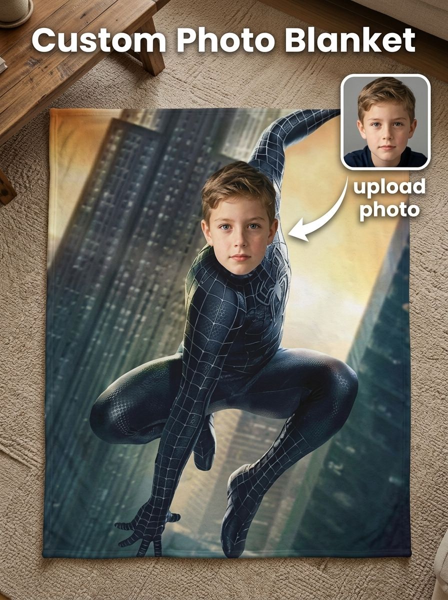 Personalized Superhero Face Photo Blanket Custom Flannel Fleece Throw Ultra Soft Anti Pilling Cozy Bedding Gift