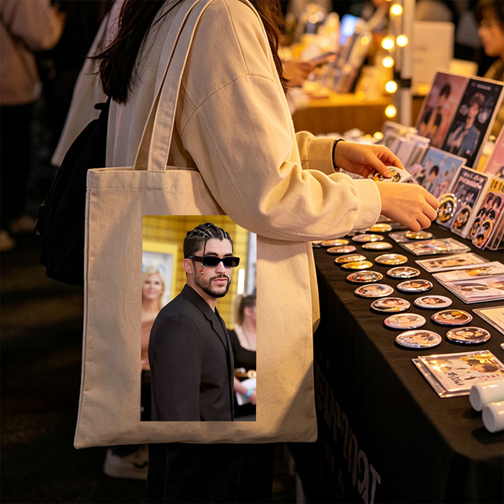 Bad Bunny at the Red Carpet Event Wearing a Black Suit and Sunglasses - Canvas tote bags
