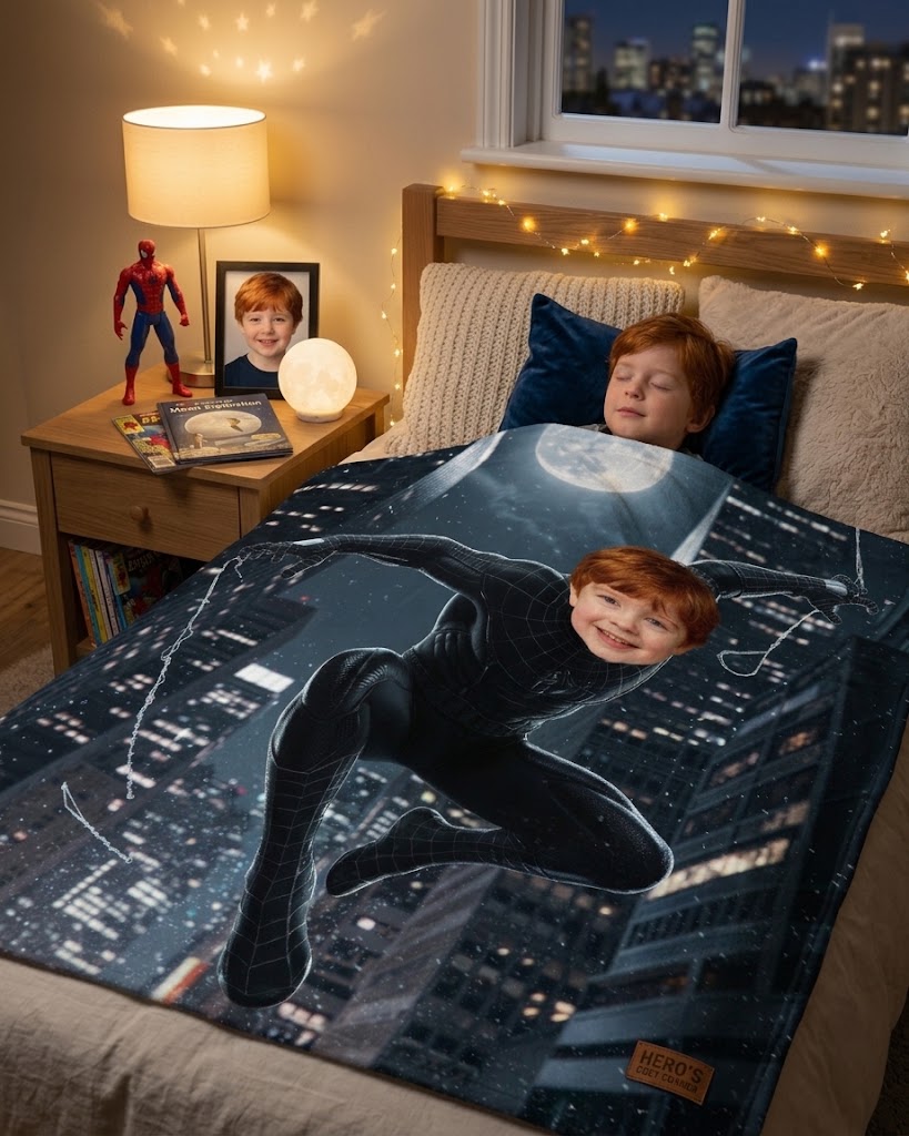 Custom Photo Black‑Suit Spider‑Man Fleece Blanket, Personalized Superhero Throw Blanket, Upload Kid Photo, Boys Unique Birthday Gift, Night City Hero Themed Bed Sofa Blanket