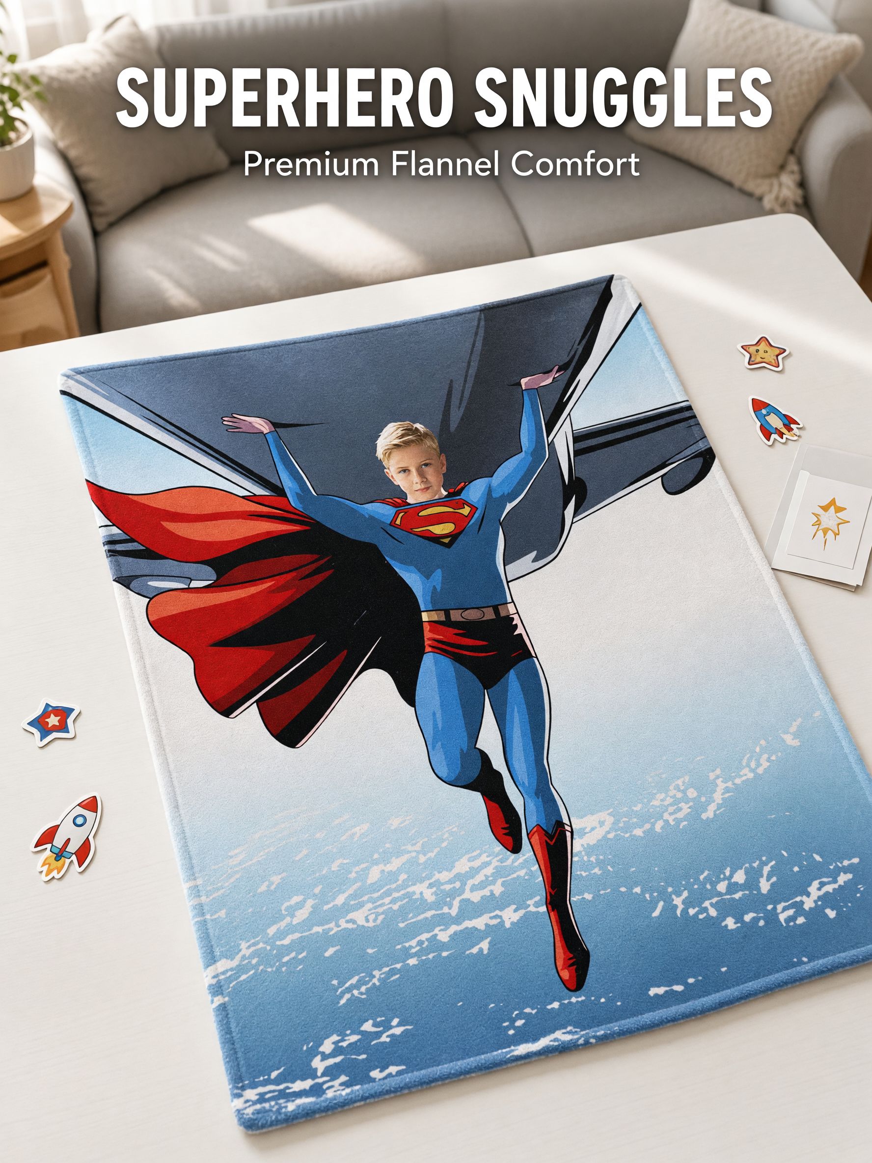 Custom Superhero Photo Blanket Personalized Face Flannel Fleece Throw Soft Warm Bed Couch Keepsake Gift for Kids