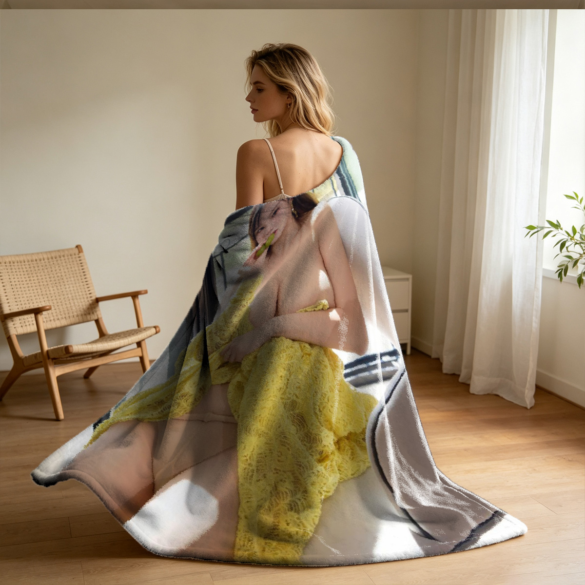 Two Seductive Women in Sparkly Lingerie on a Table with Cash and High Heels - Blanket
