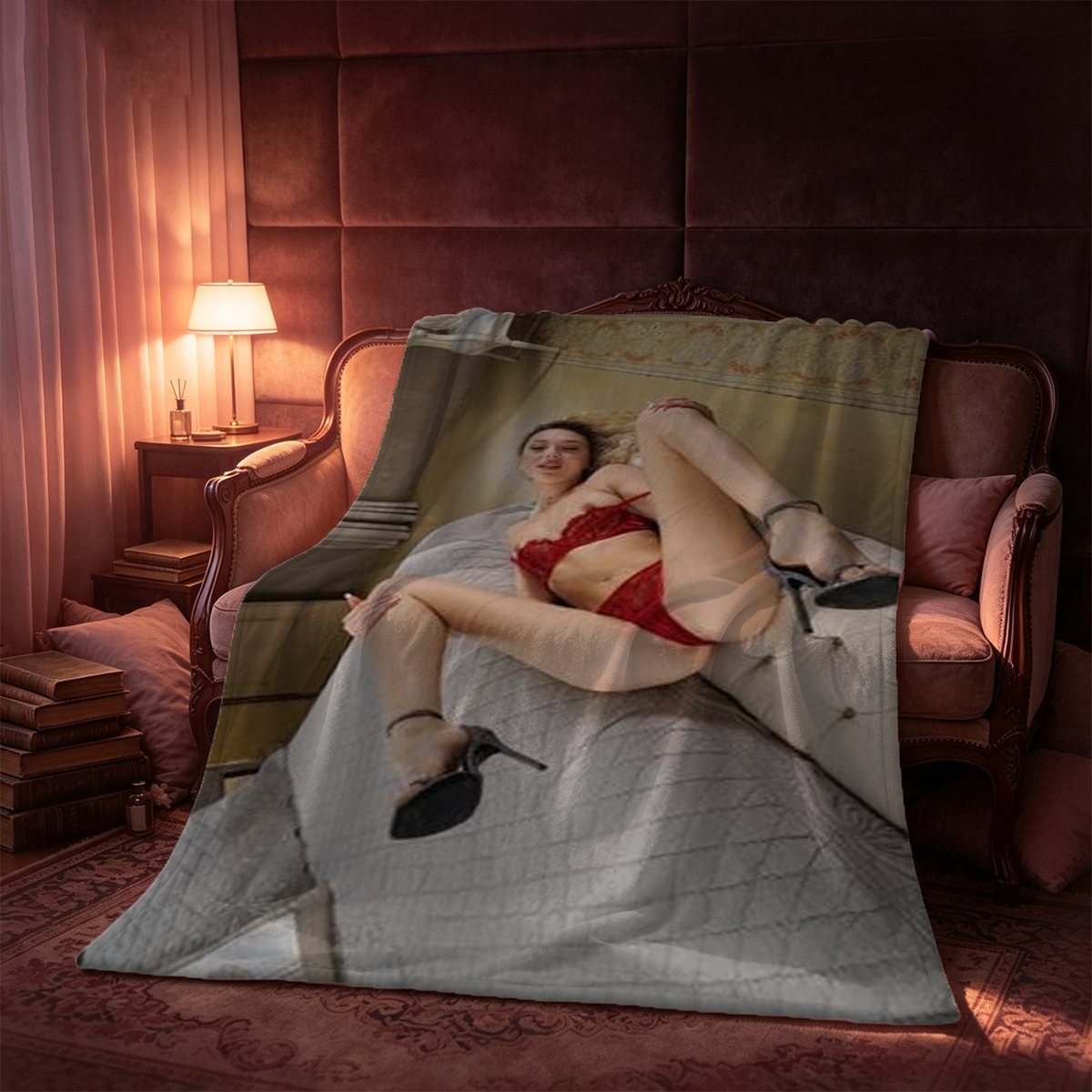 Red Lingerie Model Posing in Trench Coat by Window - Blanket