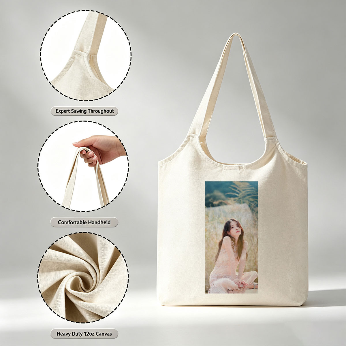 IU in a Serene Field Wearing a Delicate Pink Dress and Sitting Gracefully Amidst Tall Grass - Canvas shoulder bags/