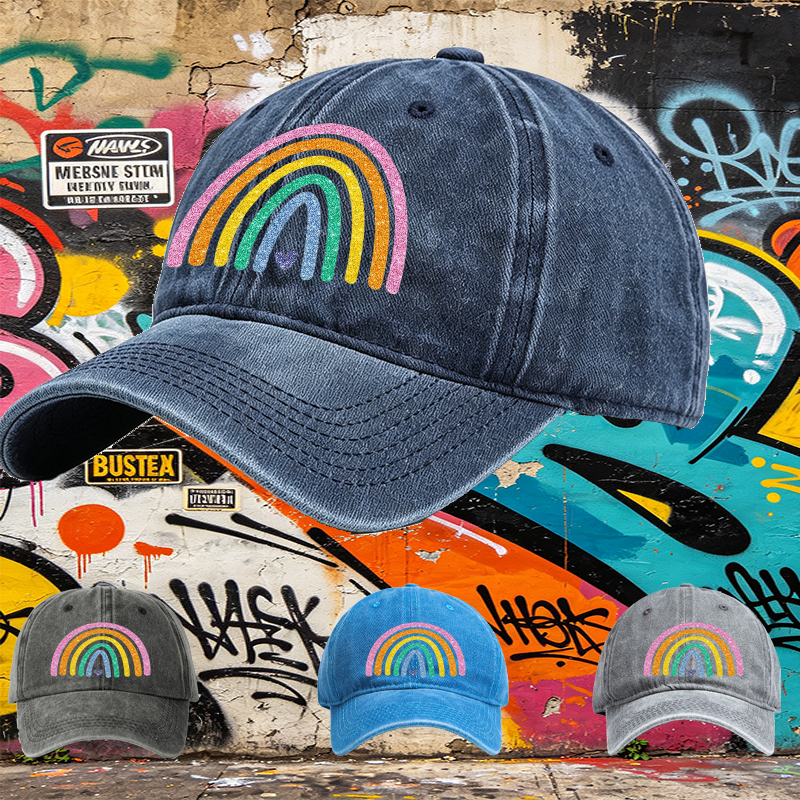 Unisex Classic Washed Cap with Glitter Rainbow Print and Heart Detail – Perfect for Casual Outings, Festivals, and Everyday Wear – Ideal for Youth and Adults Seeking Fun, Colorful Headwear