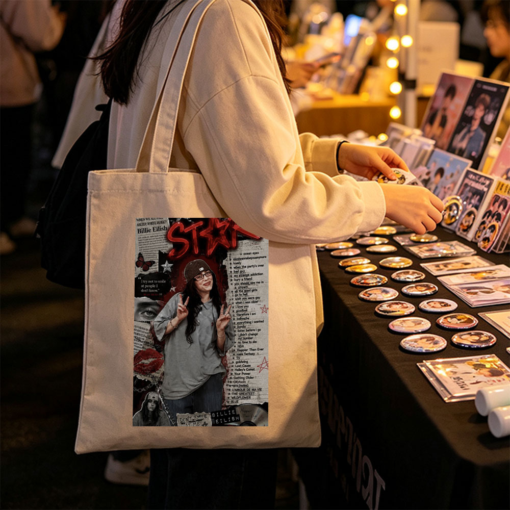 Billie Eilish Fan Art Collage Featuring a Person in a Beanie Making Peace Signs with Lyrics and Quotes - Canvas tote bags