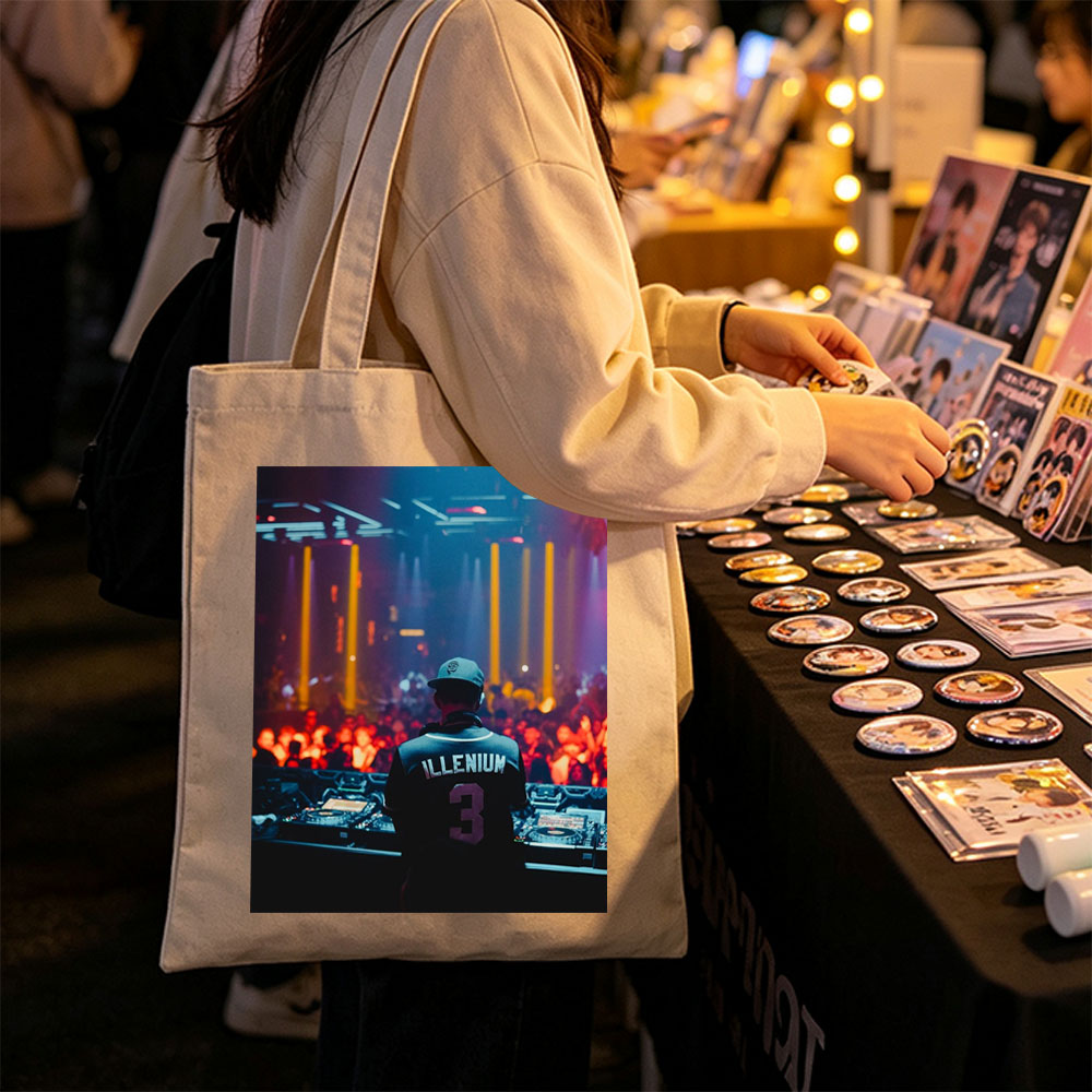 Illenium Live Performance at a Vibrant Music Festival with Crowd and DJ Setup - Canvas tote bags