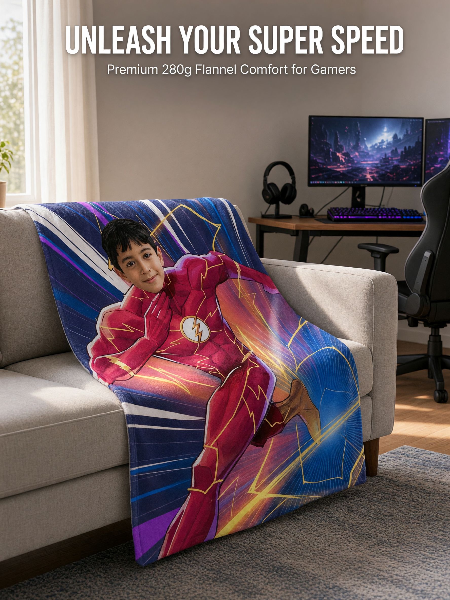 Custom Photo Face Superhero Blanket, Personalized Ultra-Soft Flannel Throw, Ideal Warm Cozy Gift for Kids and Family