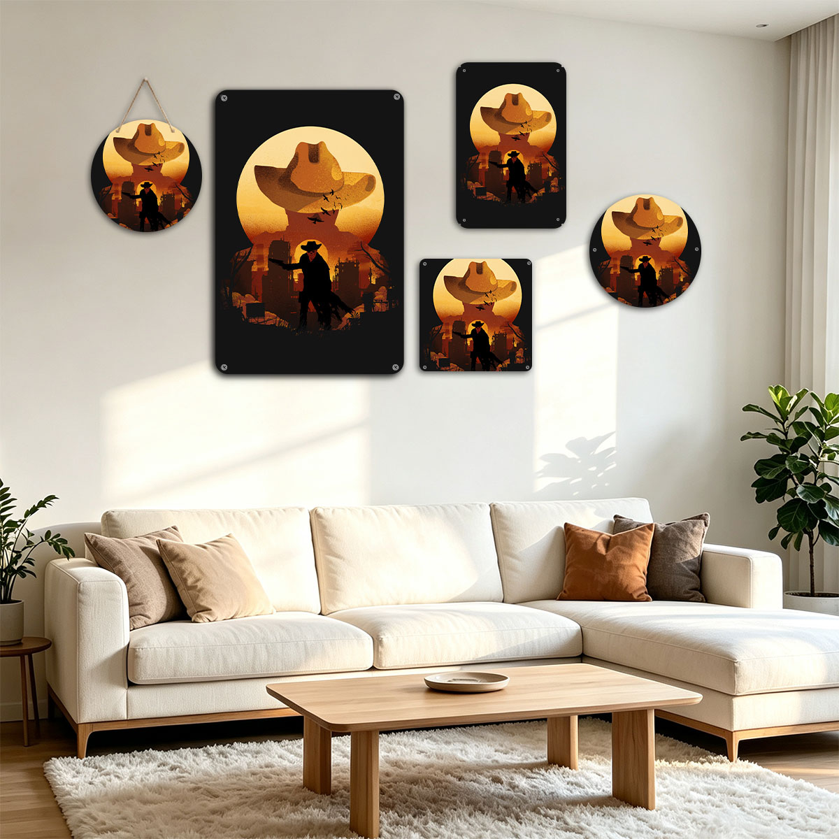 The Cowboy Silhouette Against a Moonlit Cityscape - painting