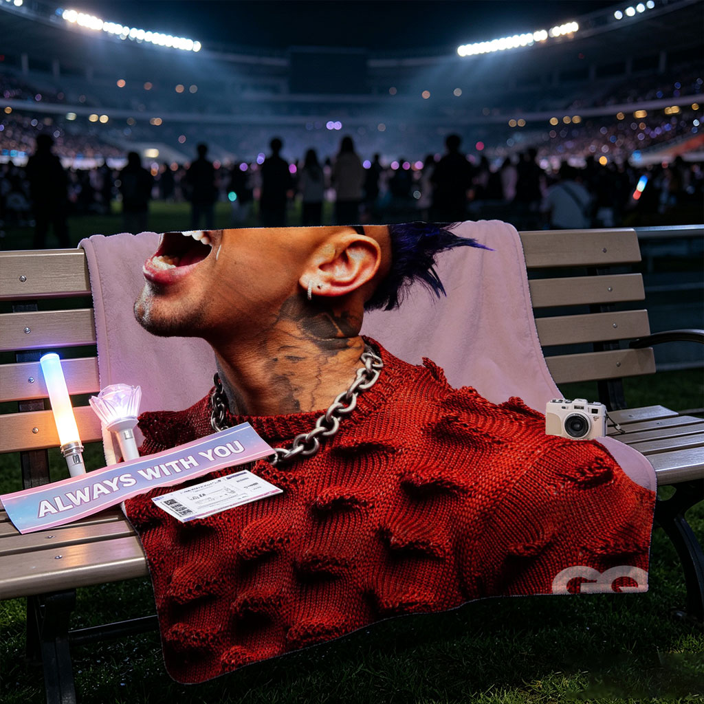 Daddy Yankee in a Bold Red Sweater with Spiky Blue Hair and Sunglasses, Laughing Loudly Against a Purple Background - Blankets
