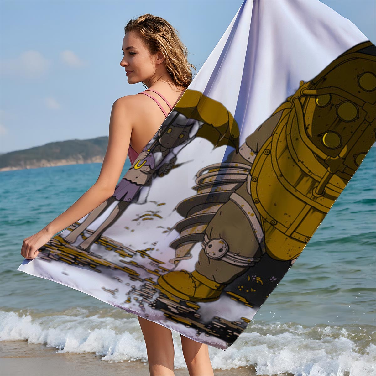 Rapture Sign, Little Girl with Umbrella, and Big Daddy from Bioshock - Beach towels