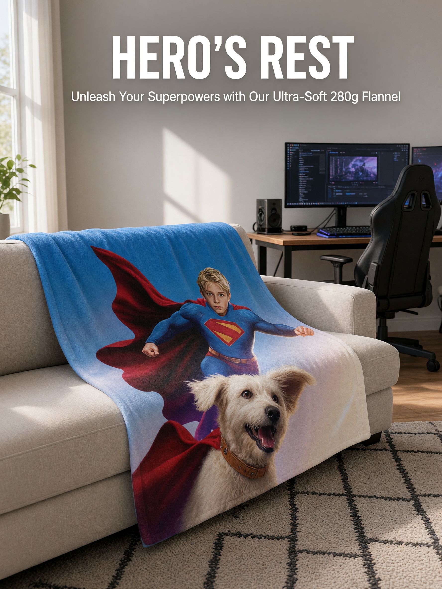 Personalized Superhero Face Photo Blanket Soft Flannel Fleece Throw with Flying Pet Cape Design Ideal Cozy Gift