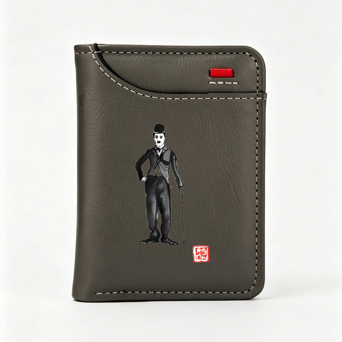 Charlie Chaplin in Classic Costume with Cane and Bowler Hat - Vertical Style Wallet