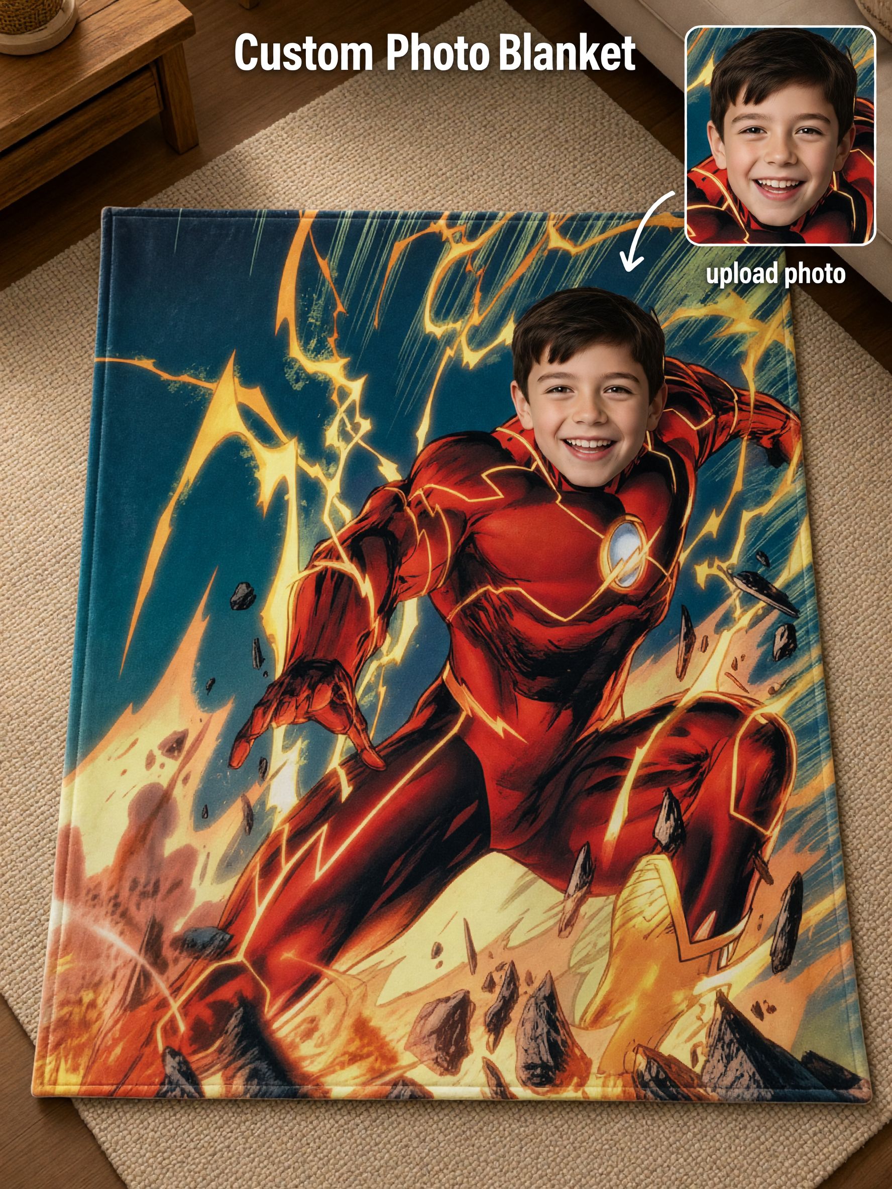 Custom Superhero Face Blanket Personalized Photo Flannel Fleece Throw for Kids Boys Cozy Keepsake Gift