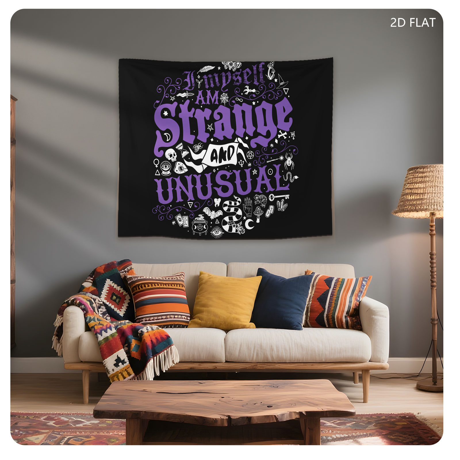 I Myself Am Strange and Unusual: Gothic Typography Art with Mystical Symbols - Tapestry