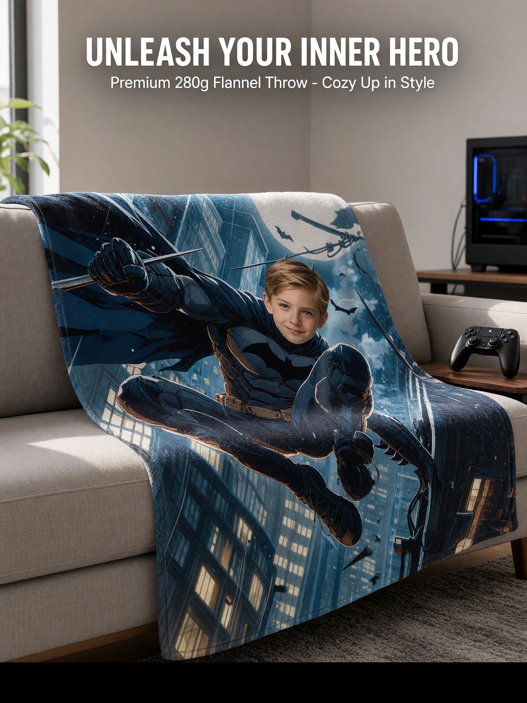 Personalized Superhero Photo Blanket, Custom Face Soft Flannel Throw, Cozy Skin-Friendly Bedding, Ideal Gift for Kids