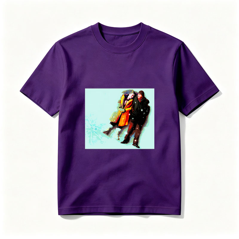 Couple in Winter Coats Walking in Snowy Scene - Tee