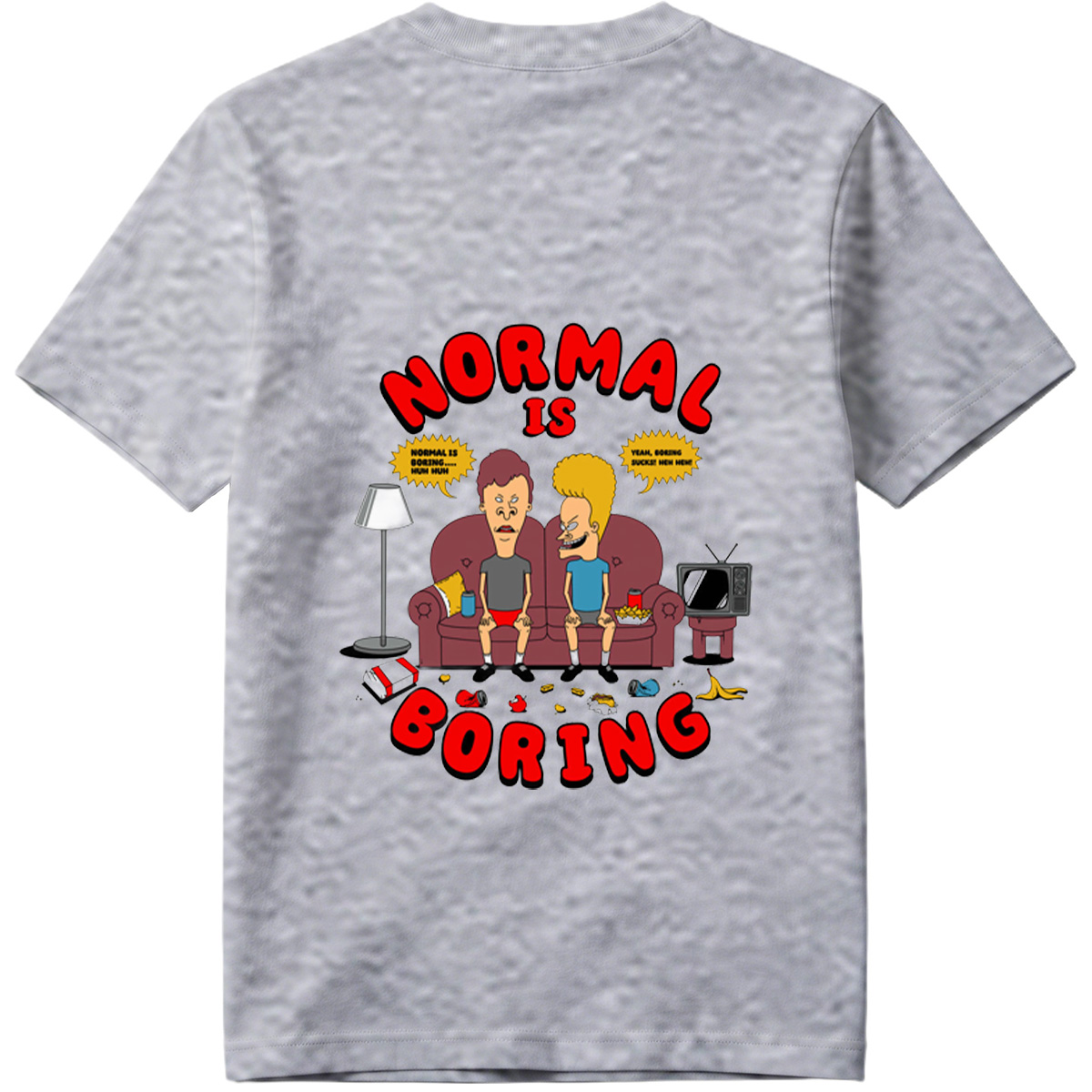 Normal Is Boring: Two Cartoon Characters on Couch with Chaos Around - Tee