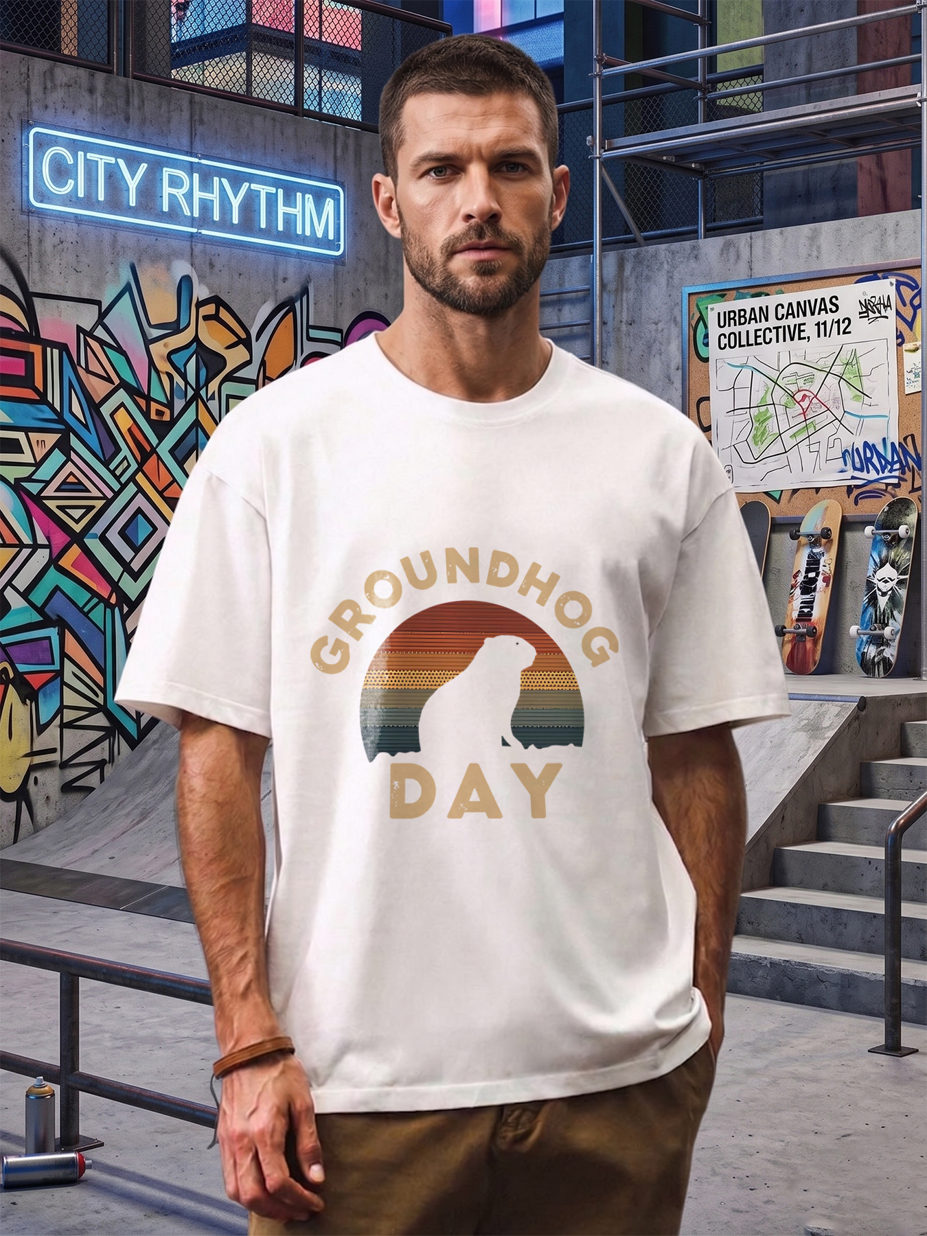 Men's Groundhog Day Print T-Shirt with Retro Sunset Silhouette Design Casual Round Neck Lightweight Breathable Summer Short Sleeve Tee for Outdoor Events and Festivals Adults