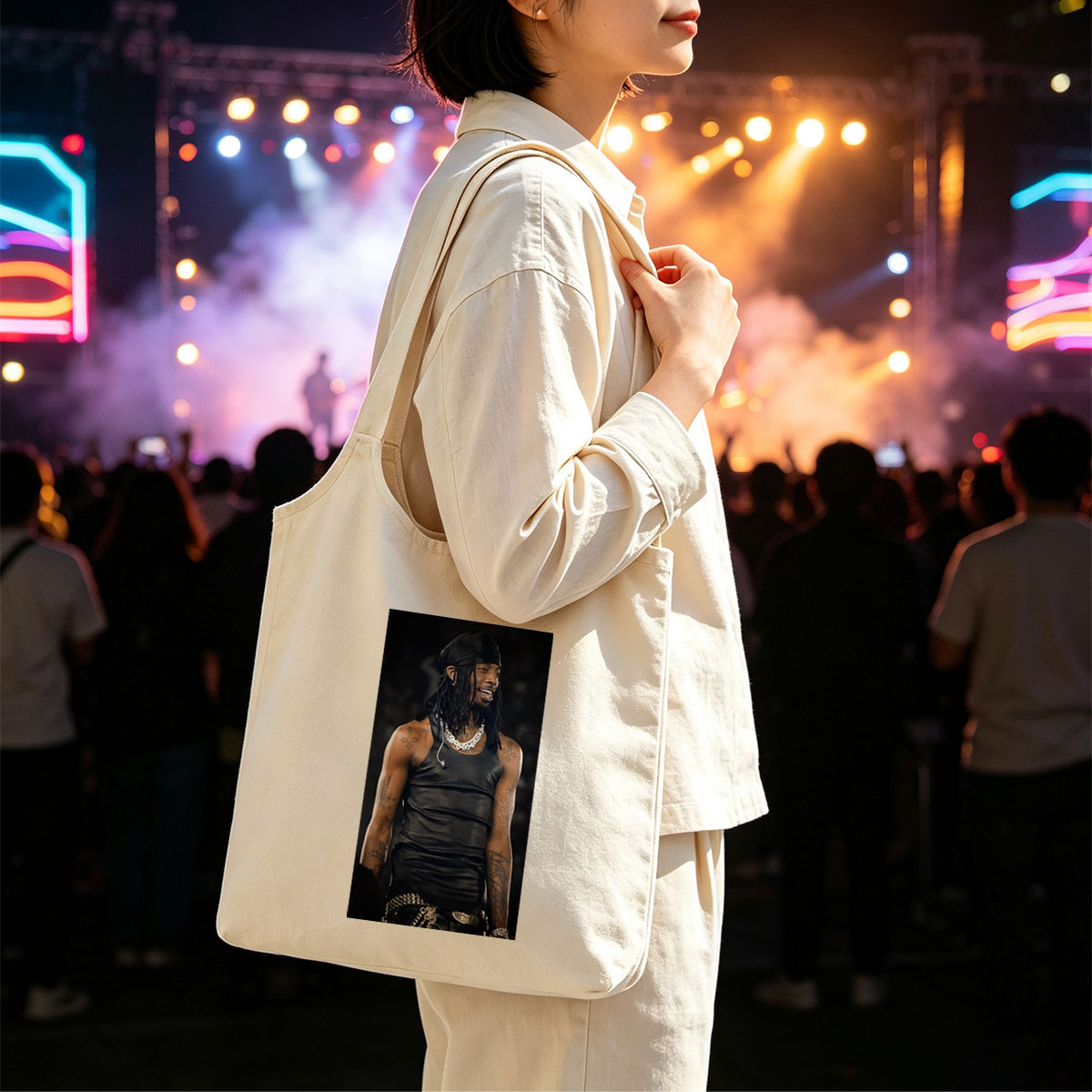 Lil Wayne on Stage Wearing Black Leather Tank Top and Headwrap with Visible Tattoos and Jewelry - Canvas shoulder bags/