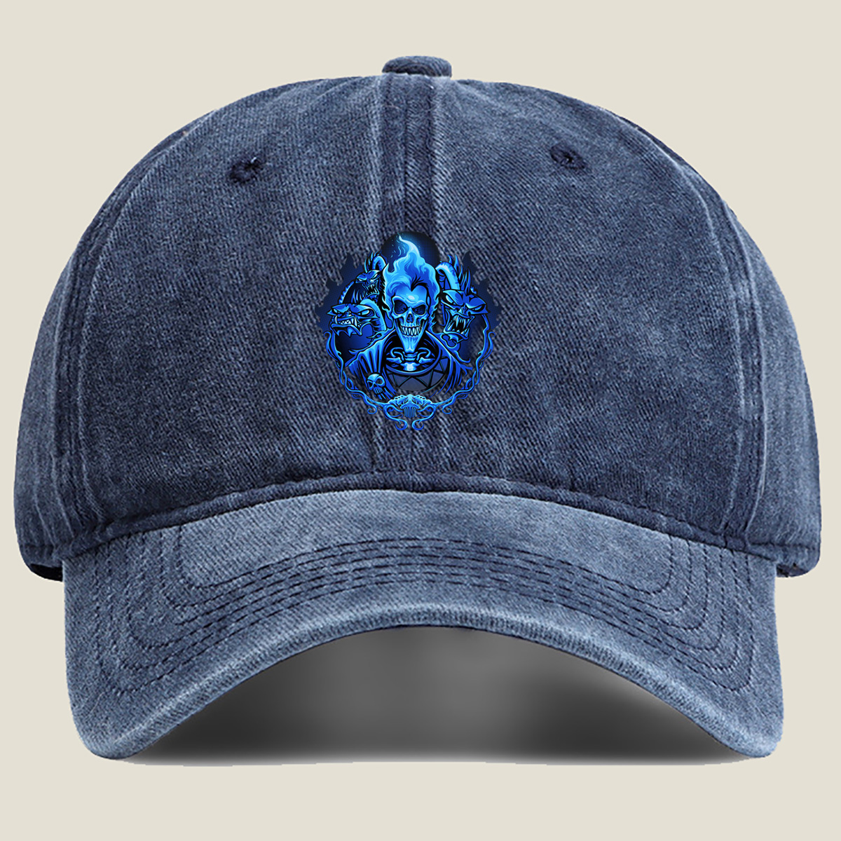 Blue Flame Skull with Demonic Creatures - Washed Denim - Baseball Cap
