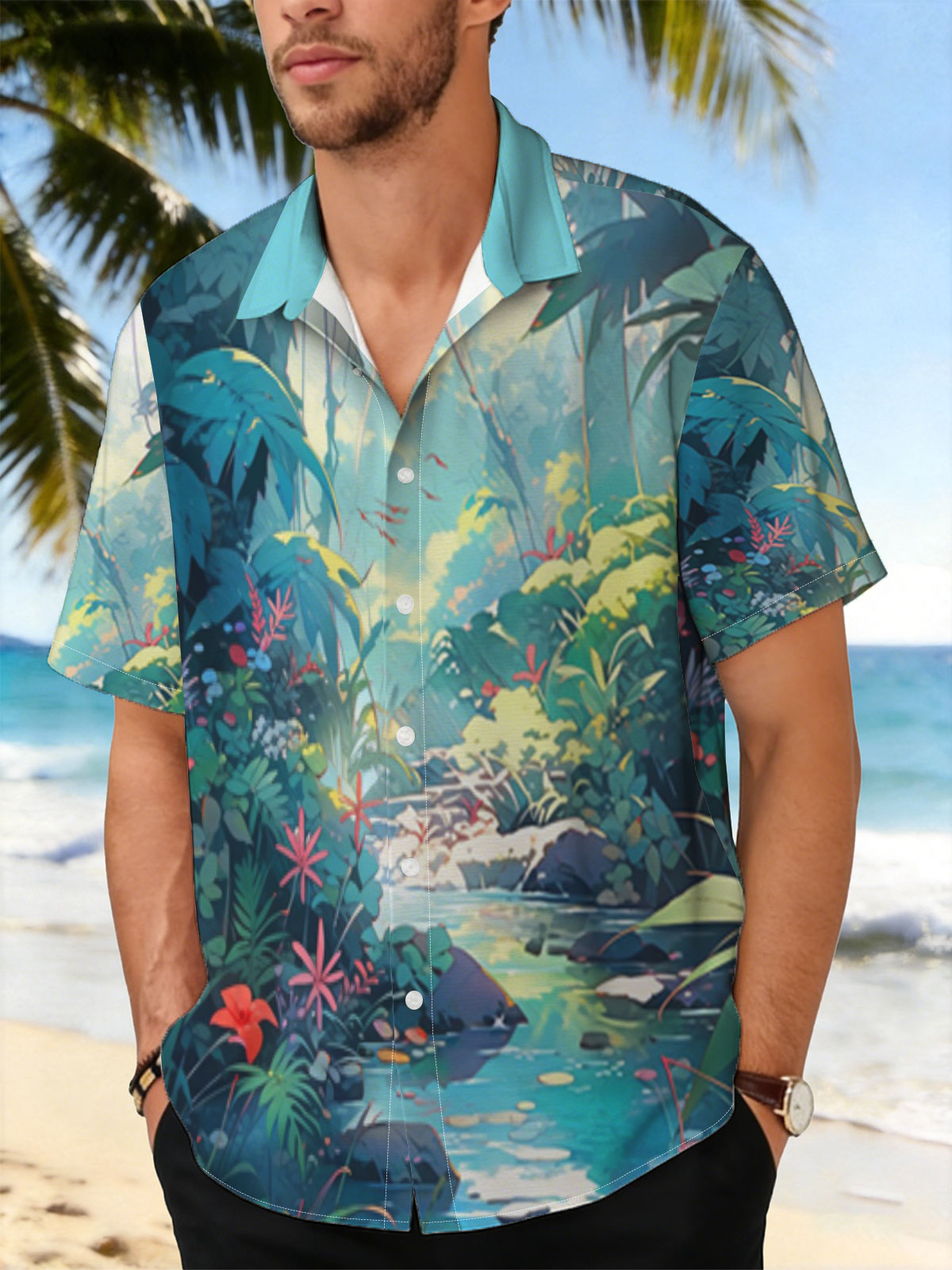 Lush Jungle Stream with Vibrant Flowers and Dappled Light -  Shirt