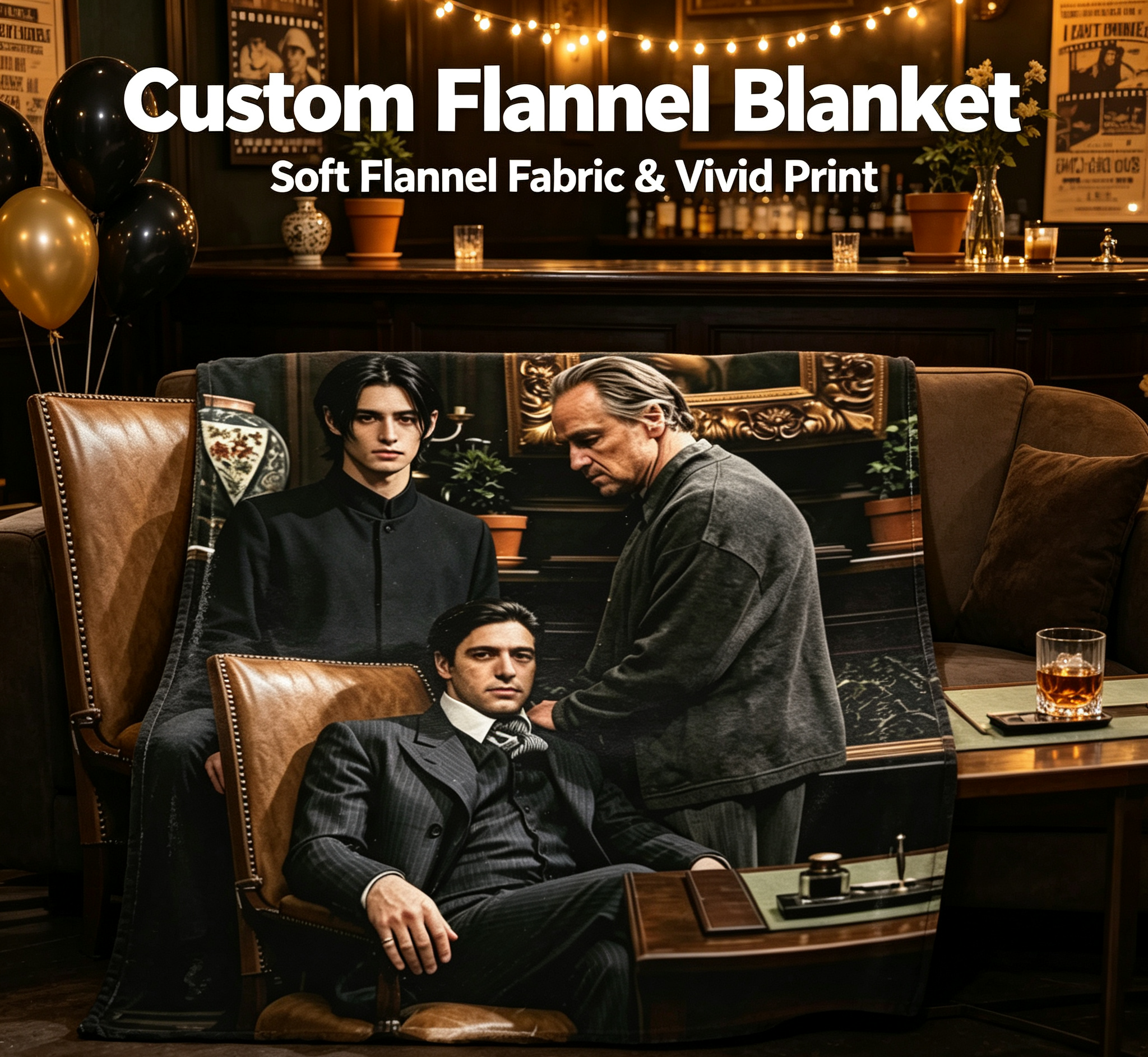 Custom Face Blanket Featuring Elegant Men in Classic Study Scene Flannel Blanket for Cozy Living Room or Office Gift Idea