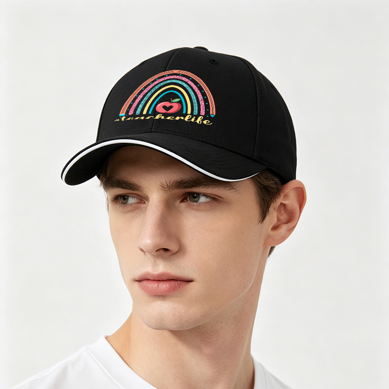 Unisex Classic Sandwich Hat with Rainbow Apple Teacherlife Print - Perfect for Teachers, Educators, and School Events - Ideal Gift for Teaching Professionals