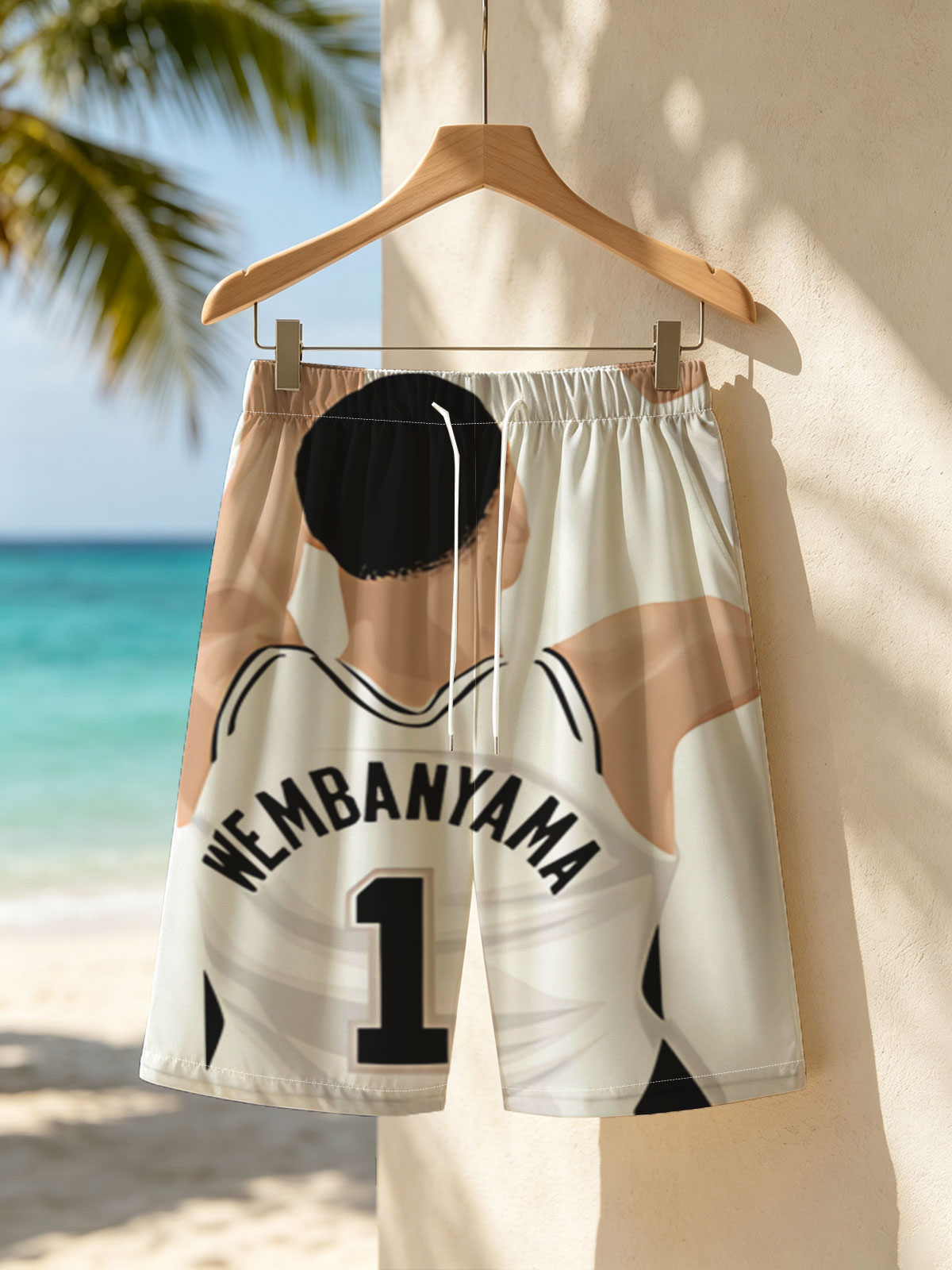 Wembanyama Shooting Basketball, Player #1 in Action -  Beach shorts