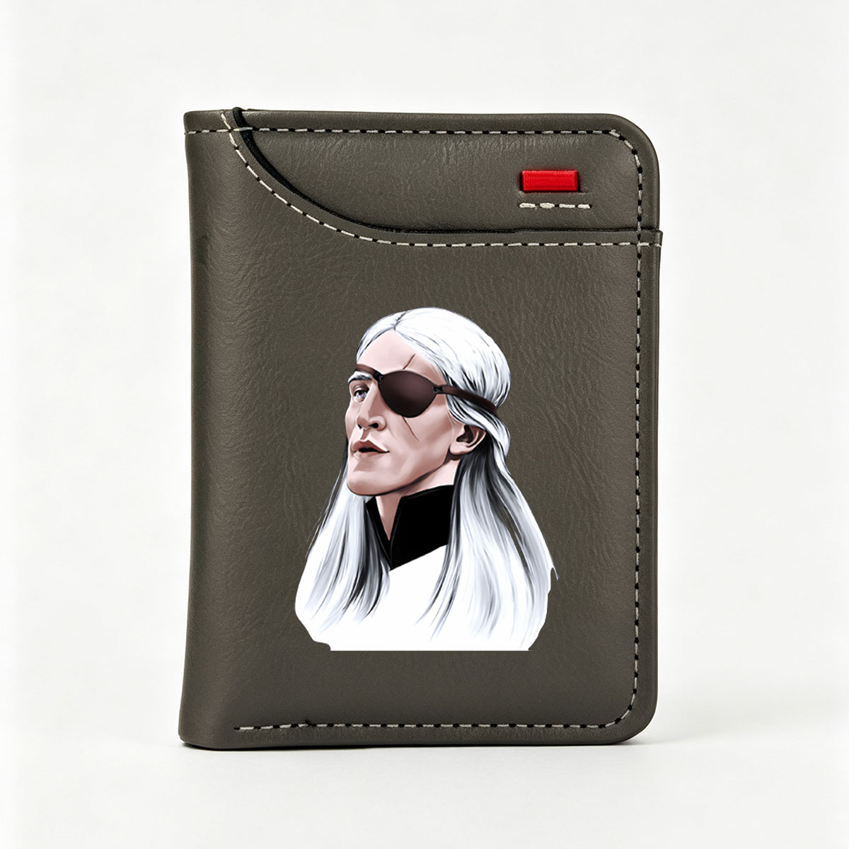 White-Haired Man with Eye Patch, Long Hair, Dark Clothing, Profile View - Vertical Style Wallet