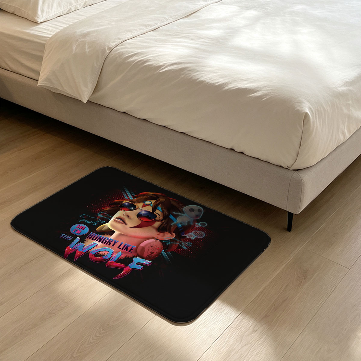 Hungry Like the Wolf: Neon-Style Portrait with Sunglasses and Ghostly Elements - Flannel floor mat