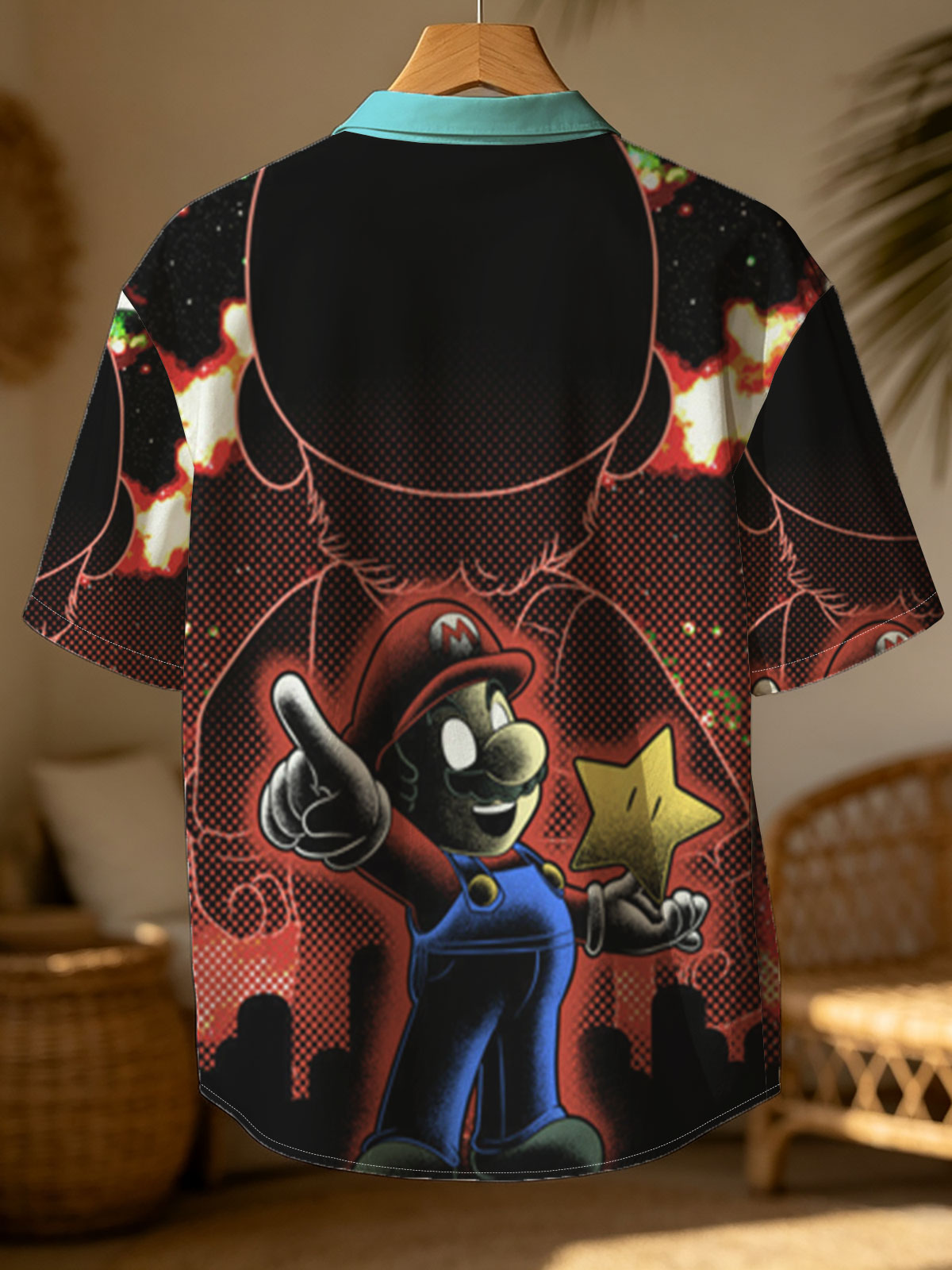 Mario Holds Star Against Shadowy Figure in Fiery Sky -  Shirt