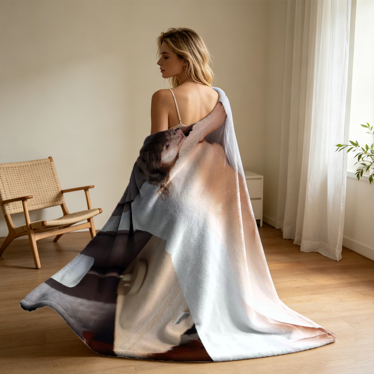Nude Woman in White Thong Leaning on Table - Blanket