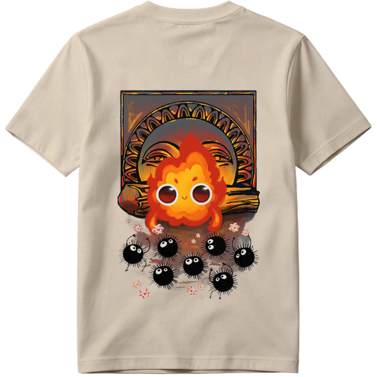 Cute Flame Character with Black Spiky Creatures and Ancient Mask Background - Tee