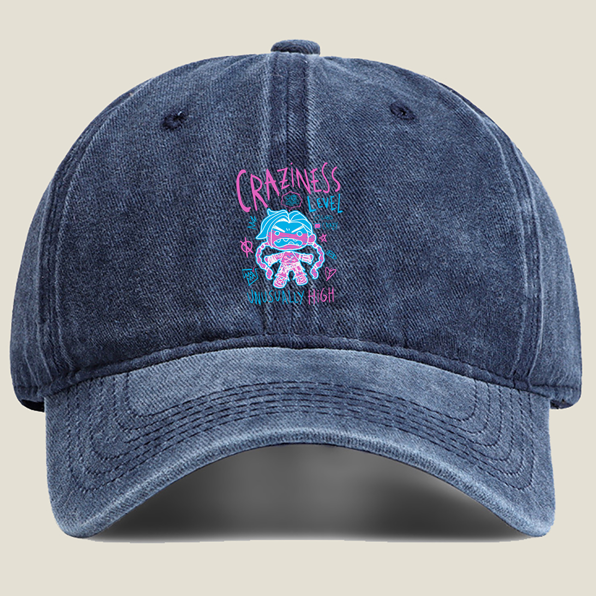 Craziness Level: Unusually High - Blue Character with Pink Accents - Washed Denim - Baseball Cap