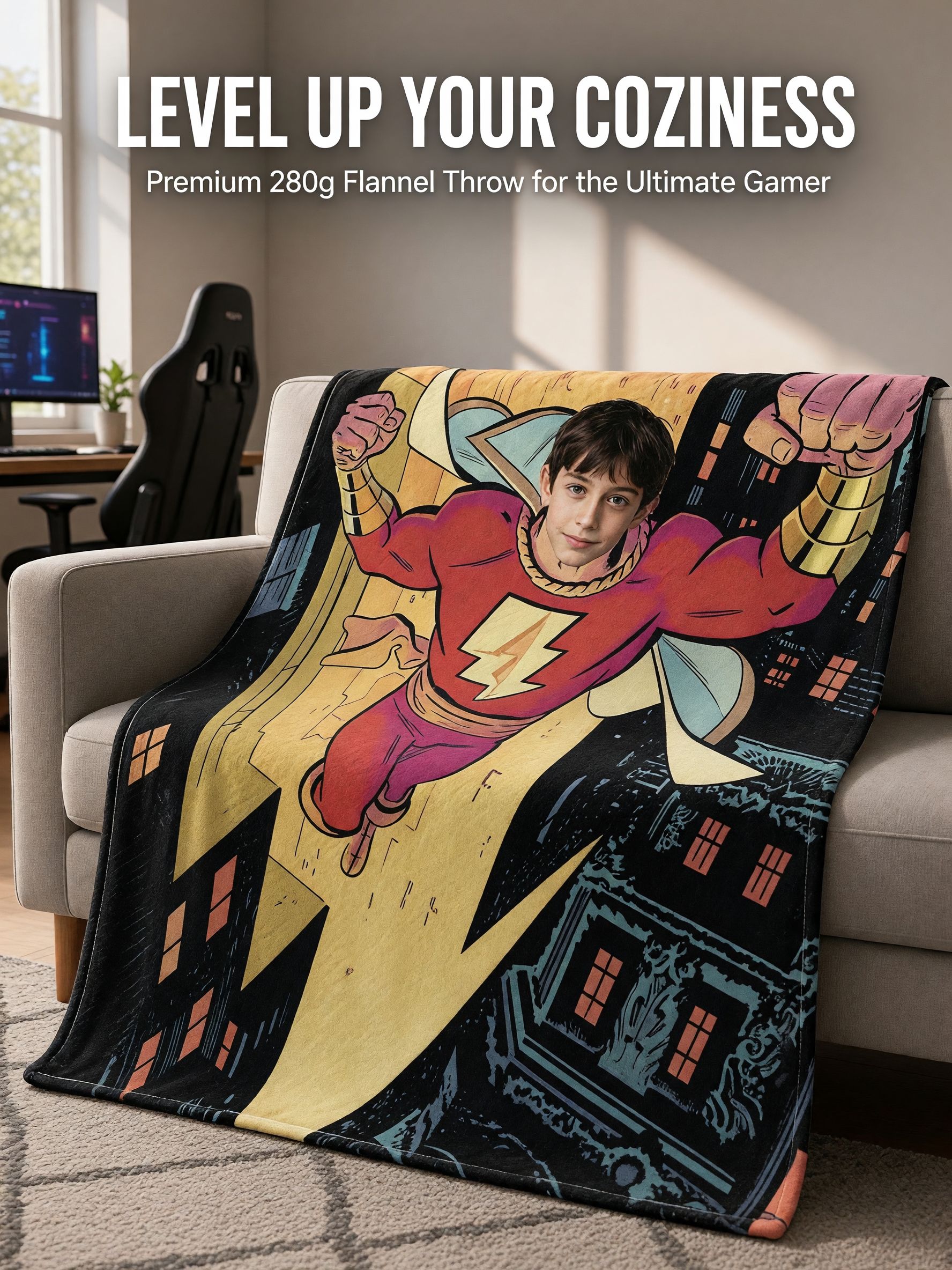 Custom Superhero Face Blanket, Ultra-Soft Flannel Personalized Photo Throw, Ideal Personalized Gift for Bed and Couch