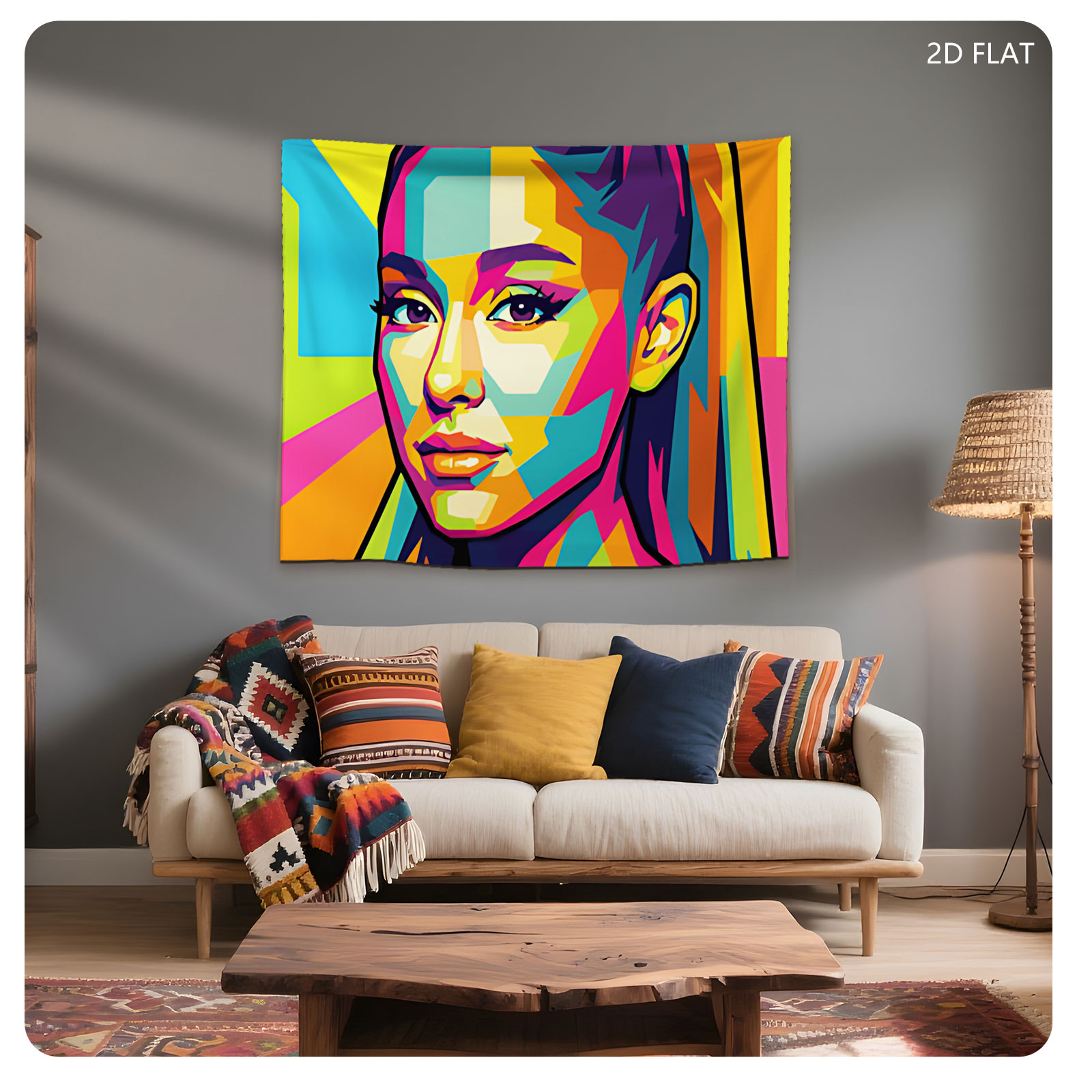 Colorful Pop Art Portrait of a Woman with Vibrant Geometric Patterns - Tapestry