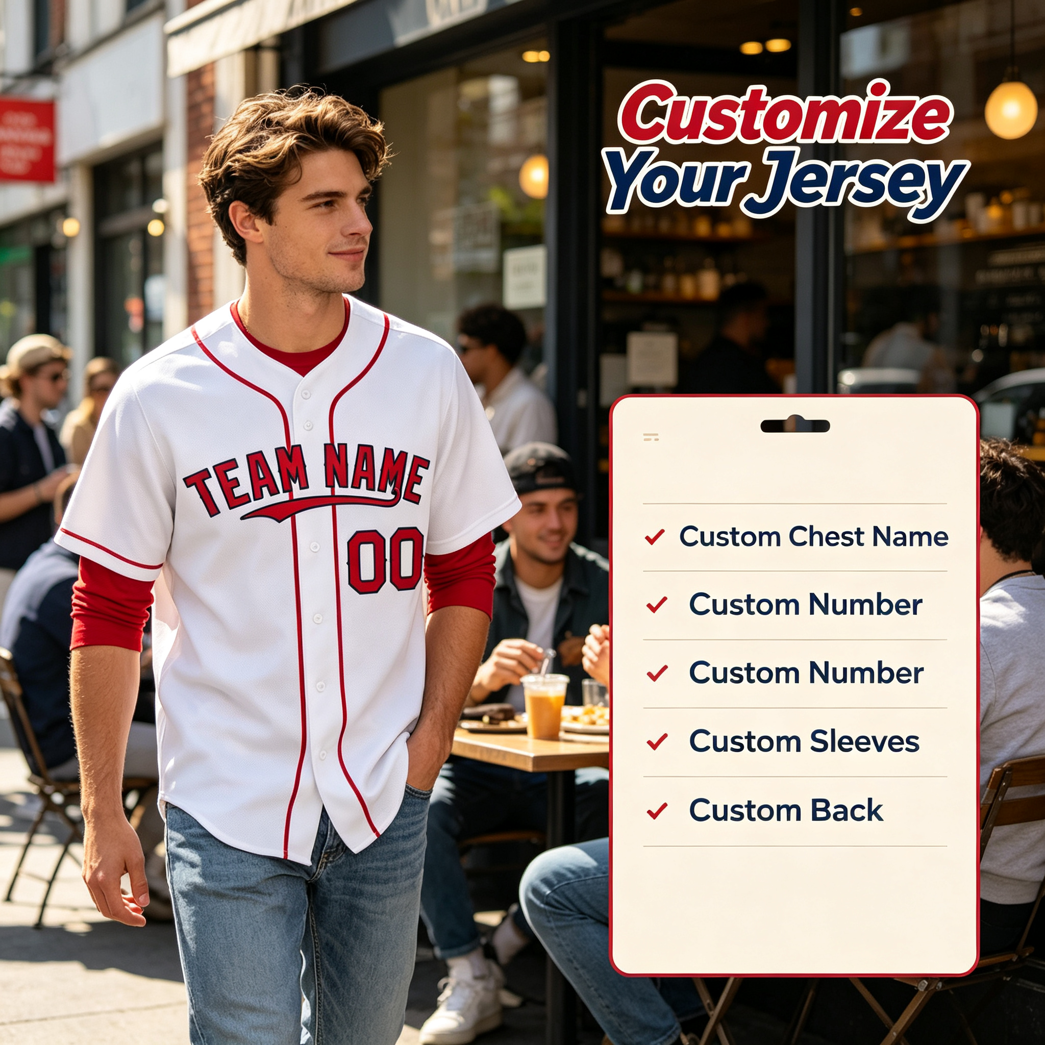 Custom Printed Boston City Style Baseball Jersey White Full Button Red Piping For Men And Youth