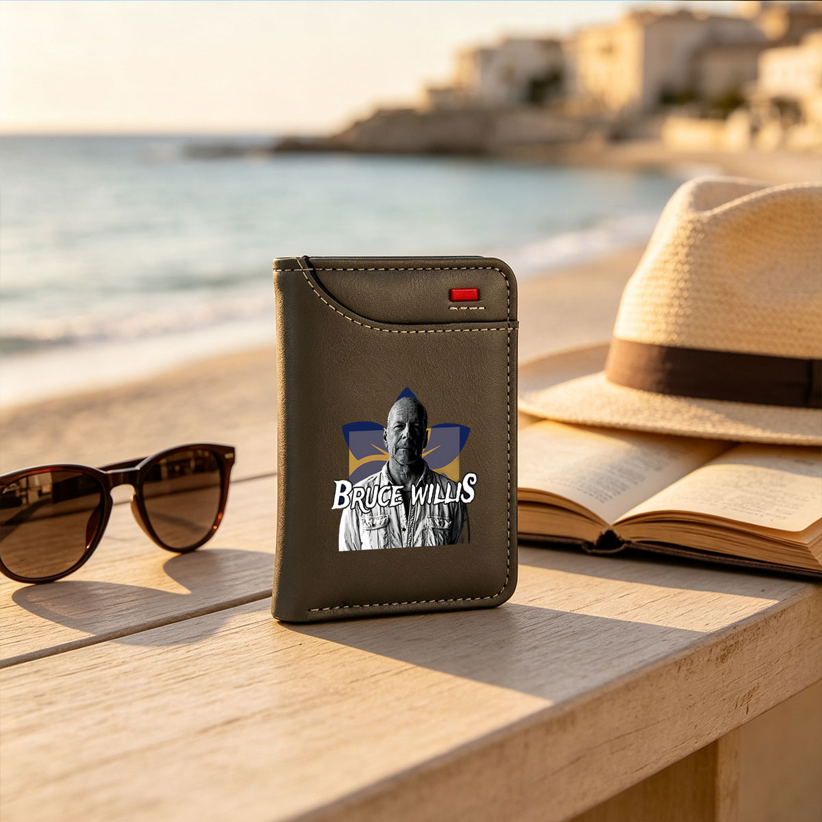 Bruce Willis in a stylized graphic with bold text and abstract background elements - Vertical Style Wallet