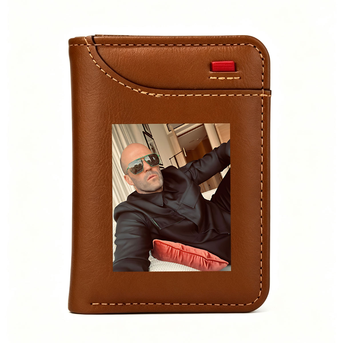 Jason Statham in Black Suit and Green Sunglasses, Relaxed Pose with Red Pillow - Vertical Style Wallet