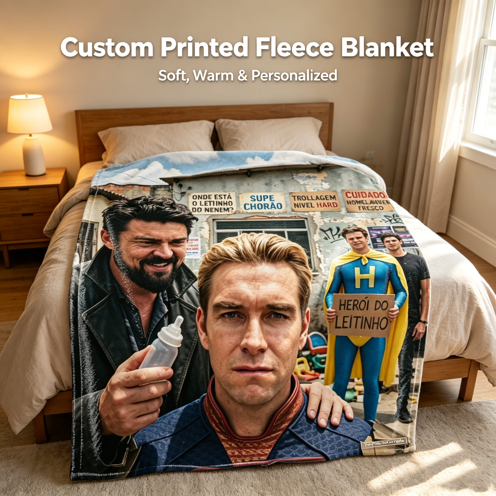 Custom Face Blanket The Boys Homelander and Soldier Boy Flannel Blanket Perfect for Fans of Superhero Parody TV Series Ideal Gift for Birthday or Holiday Giveaway