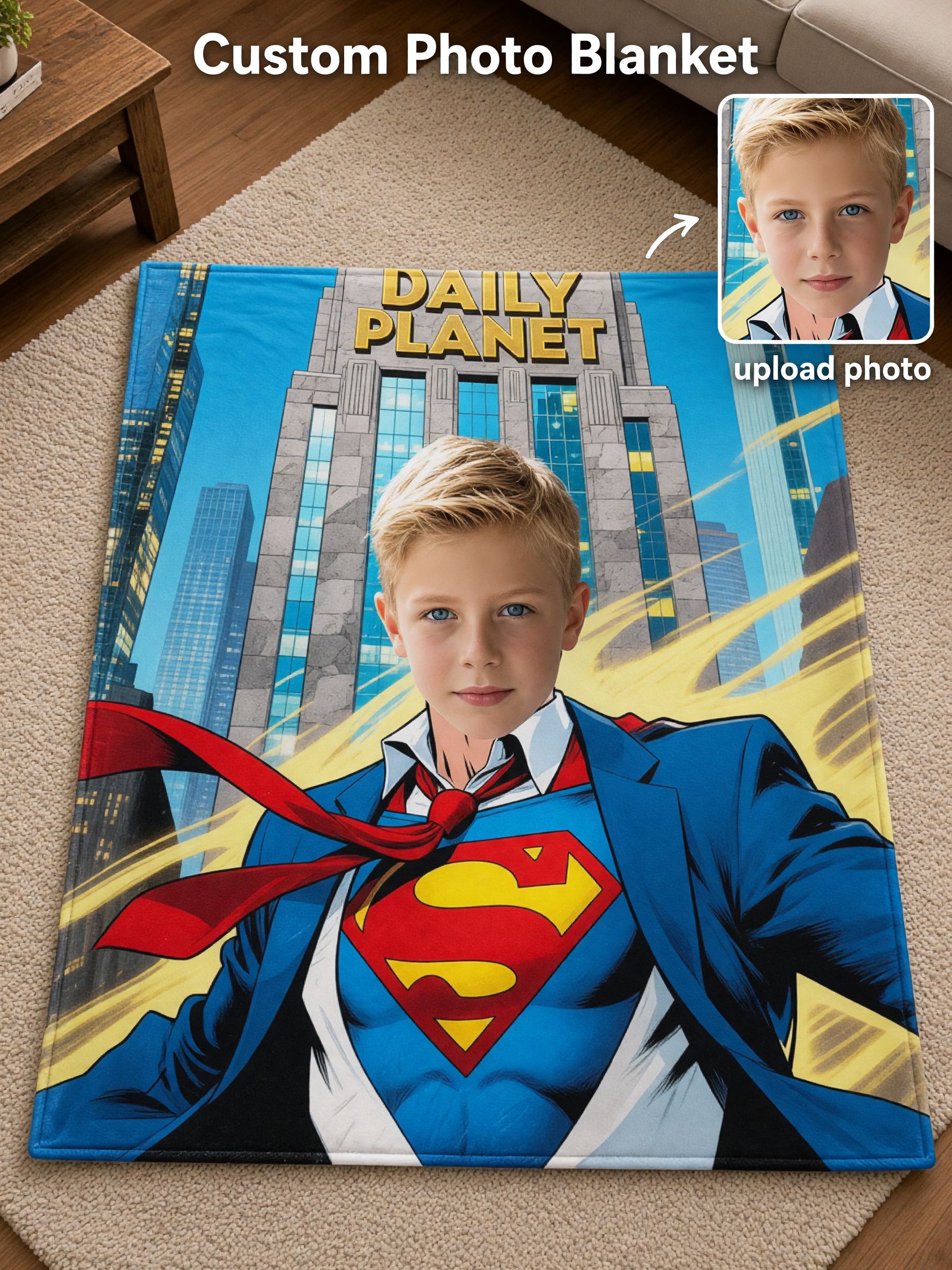 Custom Superhero Photo Face Blanket Ultra Soft Flannel Throw Personalized Comic Gift for Boys Kids Bed Sofa Couch Decor