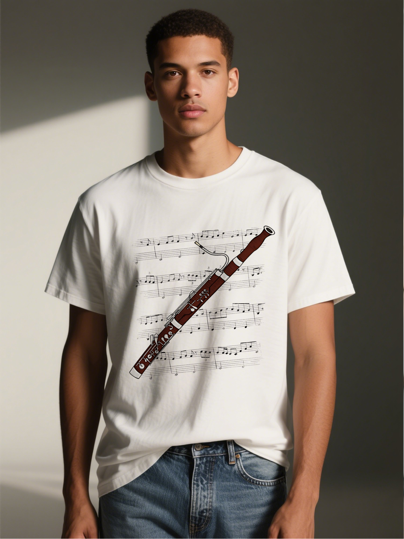 Men's Printed T-Shirt Bassoon Music Notes Design Casual Round Neck Summer Lightweight Breathable Short Sleeve T-Shirt for Music Lovers and Instrument Players