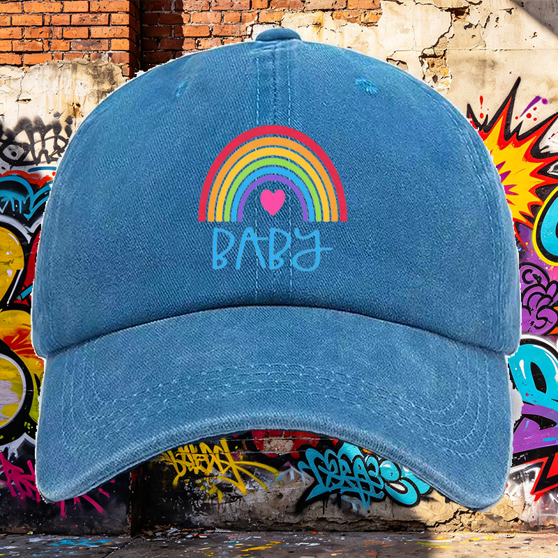 Men's Rainbow Heart Print Washed Cap Baby Text Design Casual Round Brim Summer Lightweight Hat for Outdoor Activities and Daily Wear, Perfect for Young Adults and Trendy Urban Style Lovers