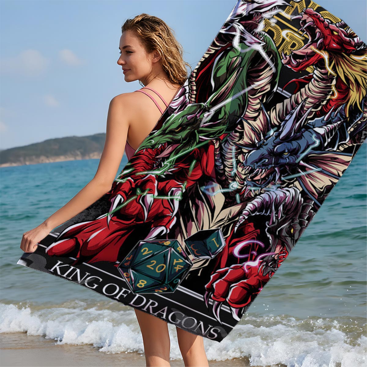 King of Dragons: Mythic Beasts and D20 Dice Fusion Art - Beach towels