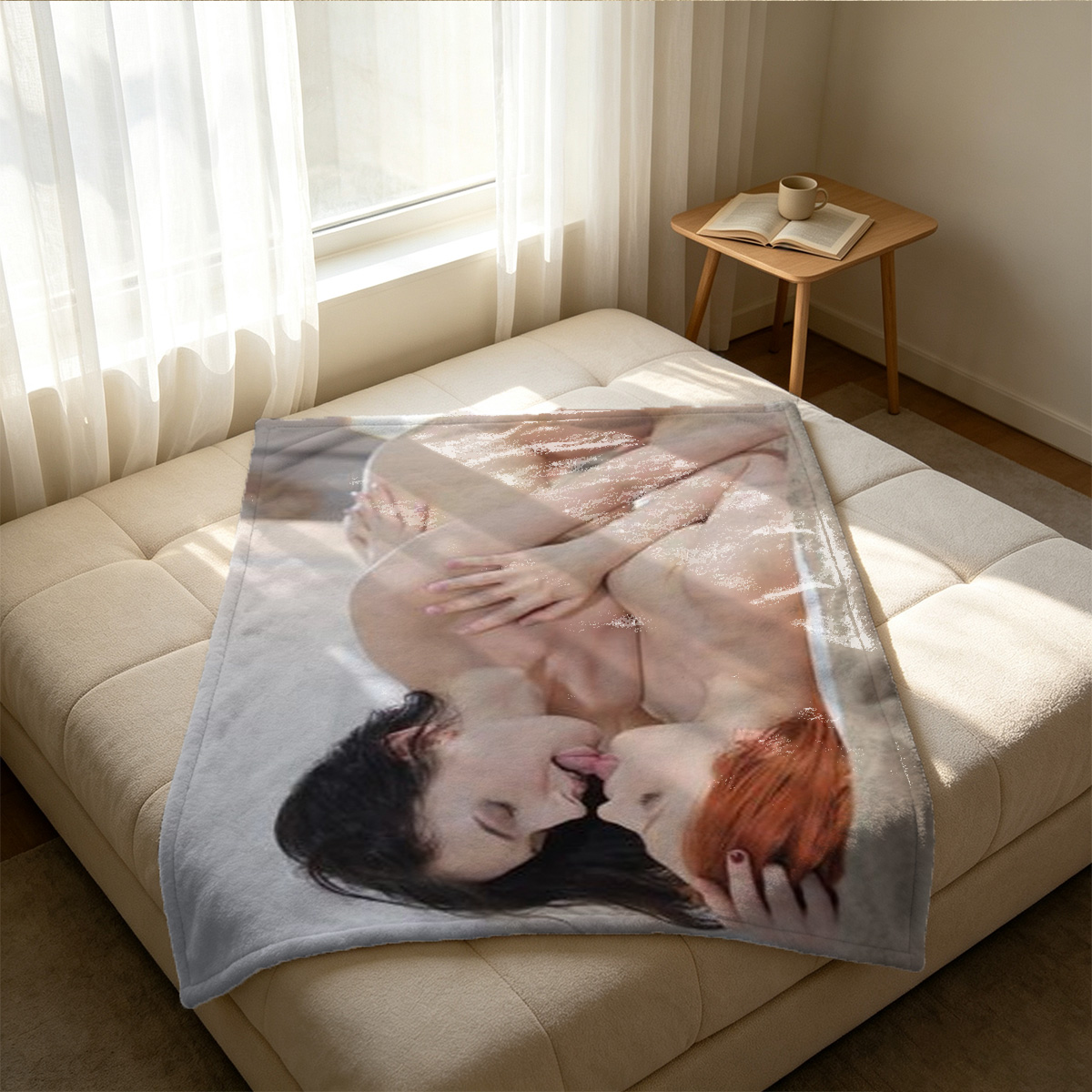 Nude woman posing on purple floor with orange pillows - Blanket