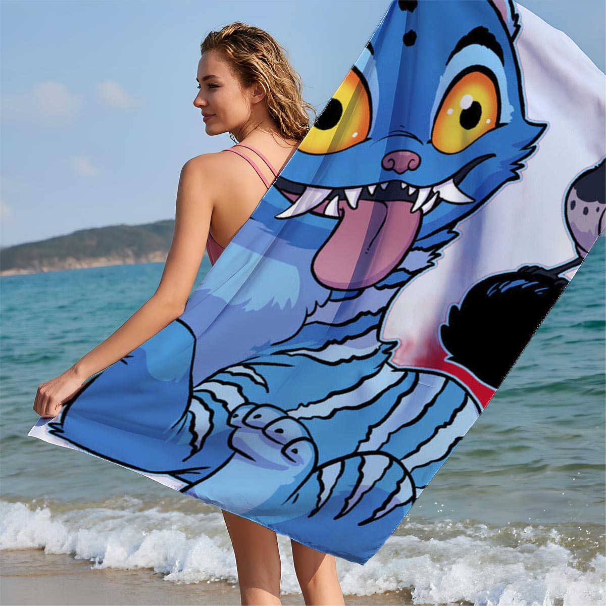 Blue Cat with Cactus and Bird on Head - Beach towels