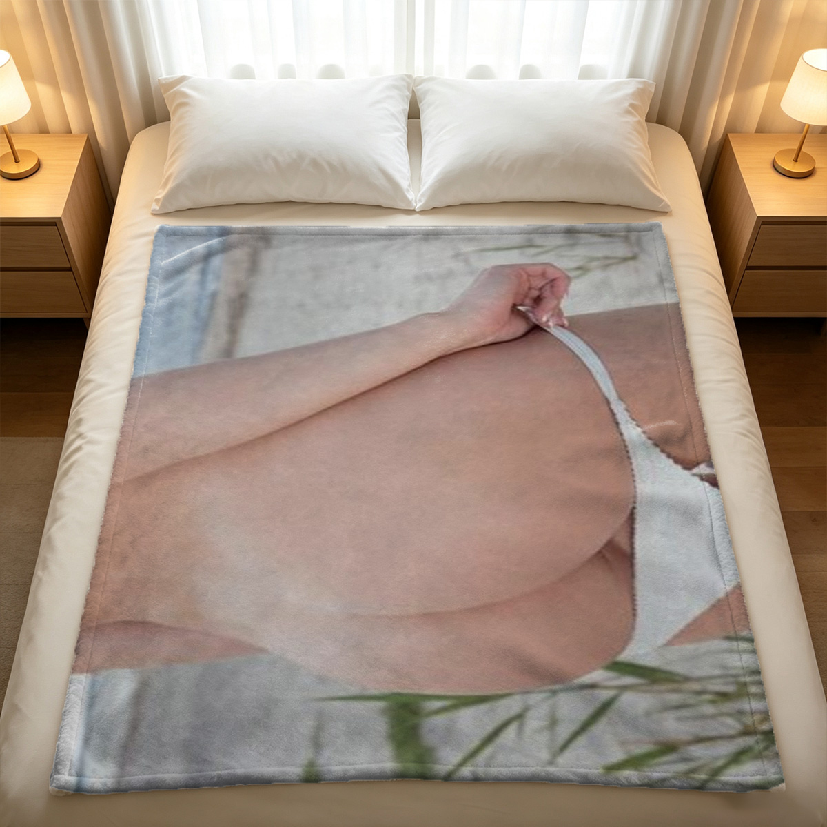 Katrin Tequila in lifted white crop top on wicker chair - Blanket