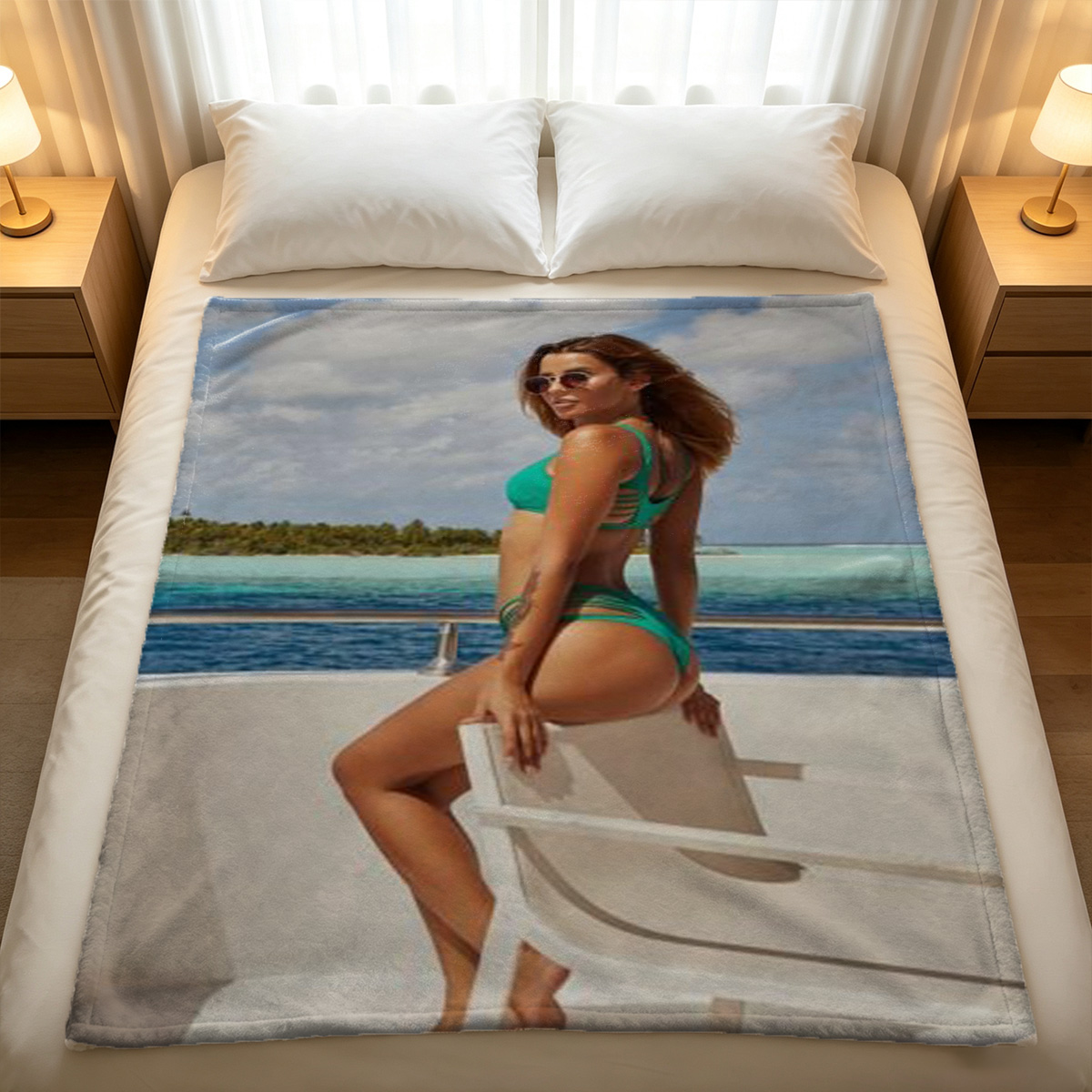 Two Women in Black Bodysuit and Fishnet Lingerie Posing Seductively - Blanket